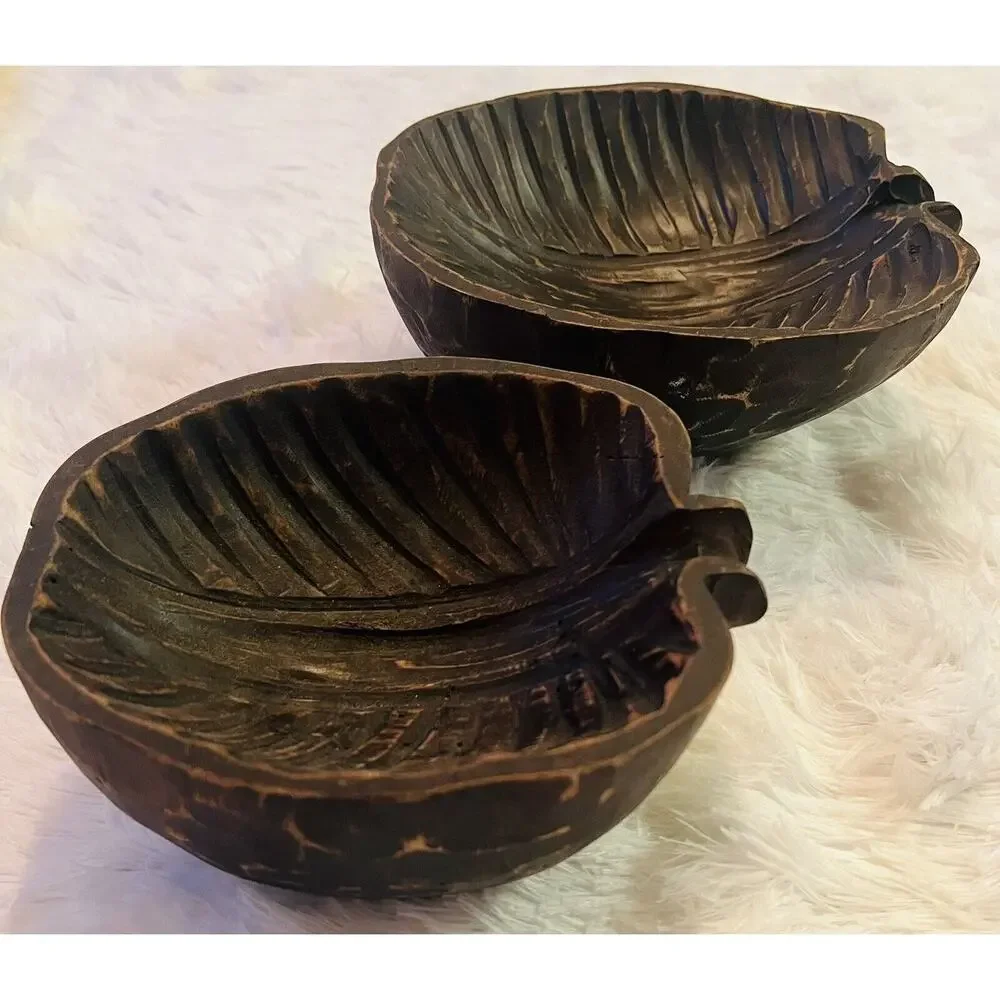 Set 2 Mango Wood Bowls Leaf Hand Carved Decor‎ Vintage Boho Tropical Indonesia